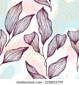 Hand drawn doodle line texture foliage over spots and dots vector seamless pattern. Beautiful ornament with hawaiian tree leaves. Greenery tree branch foliage textile print. Rainforest floral print.