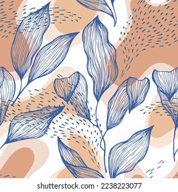 Hand drawn doodle line texture foliage over spots and dots vector seamless pattern. Contemporary ornament with houseplant leaves. Greenery tree branch foliage textile print. Swimwear tissue.