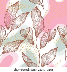 Hand drawn doodle line texture foliage over spots and dots vector seamless pattern. Aesthetic ornament with houseplant leaves. Summer tree branch foliage wallpaper. Cartoon floral pattern.