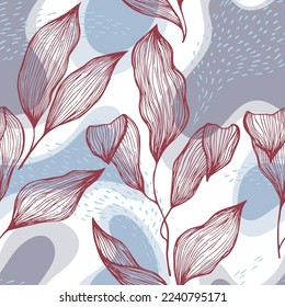 Hand drawn doodle line texture foliage over spots and dots vector seamless pattern. Contemporary ornament with houseplant leaves. Greenery tree branch foliage textile print. Linen textile print.