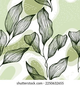 Hand drawn doodle line texture foliage over spots and dots vector seamless pattern. Trendy ornament with banana tree leaves. Botanical tree branch foliage fabric print. Decorative wrapping.