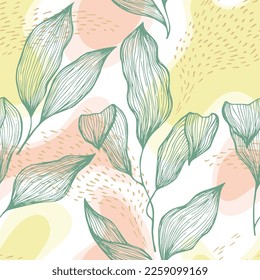 Hand drawn doodle line texture foliage over spots and dots vector seamless pattern. Bohemian ornament with houseplant leaves. Natural drapery plant foliage botany motif. Swimwear tissue.