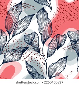 Follaje de textura de línea de doodle dibujado a mano sobre manchas y puntos vectoriales sin fisuras. Ornamento abstracto con hojas de árbol de la jungla. Motif de botánica de la planta de drenaje natural. Diseño floral creativo.