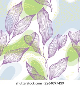 Hand drawn doodle line texture foliage over spots and dots vector seamless pattern. Linear ornament with exotic tree leaves. Botanical tree branch foliage fabric print. Floral graphics.
