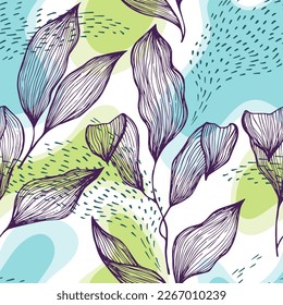 Hand drawn doodle line texture foliage over spots and dots vector seamless pattern. Bohemian ornament with houseplant leaves. Natural drapery plant foliage botany motif. Cute floral fashion art.