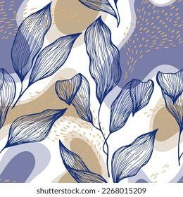 Hand drawn doodle line texture foliage over spots and dots vector seamless pattern. Minimal ornament with jungle tree leaves. Natural drapery plant foliage botany motif. Silk beauty tissue.