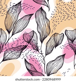 Hand drawn doodle line texture foliage over spots and dots vector seamless pattern. Modern ornament with tropical tree leaves. Botanical tree branch foliage fabric print. Floral background.