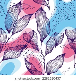 Hand drawn doodle line texture foliage over spots and dots vector seamless pattern. Modern ornament with tropical tree leaves. Summer tree branch foliage wallpaper. Creative floral design.