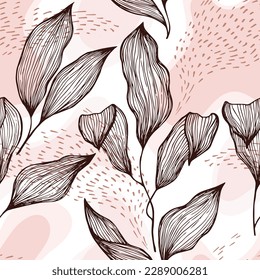 Hand drawn doodle line texture foliage over spots and dots vector seamless pattern. Bohemian ornament with houseplant leaves. Greenery tree branch foliage textile print. Herbarium backdrop.