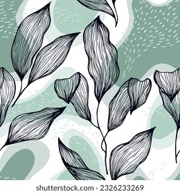 Handgezeichnetes Blattwerk mit doodlen Linien über Flecken und Punkten, Vektornahtloses Muster. Modernes Ornament mit tropischen Baumblättern. Natürliches Pflanzenblättermotiv Botanik. Cute Blumenmode Art.