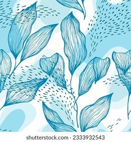 Hand drawn doodle line texture foliage over spots and dots vector seamless pattern. Modern ornament with tropical tree leaves. Natural drapery plant foliage botany motif. Creative floral design.