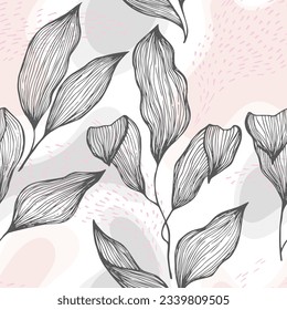 Hand drawn doodle line texture foliage over spots and dots vector seamless pattern. Contemporary ornament with houseplant leaves. Natural drapery plant foliage botany motif. Herbarium backdrop.