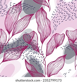 Hand drawn doodle line texture foliage over spots and dots vector seamless pattern. Ornate ornament with paradise tree leaves. Greenery tree branch foliage textile print. Cute floral fashion art.