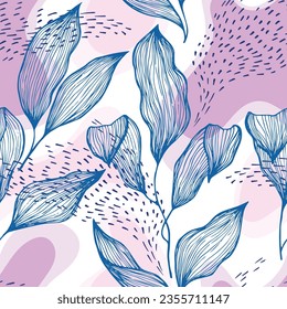 Hand drawn doodle line texture foliage over spots and dots vector seamless pattern. Beautiful ornament with hawaiian tree leaves. Summer tree branch foliage wallpaper. Rainforest floral print.