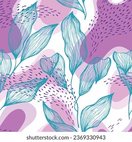Hand drawn doodle line texture foliage over spots and dots vector seamless pattern. Modern ornament with tropical tree leaves. Greenery tree branch foliage textile print. Simple botanic design.