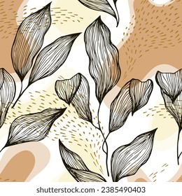 Hand drawn doodle line texture foliage over spots and dots vector seamless pattern. Organic ornament with palm tree leaves. Greenery tree branch foliage textile print. Floral background.
