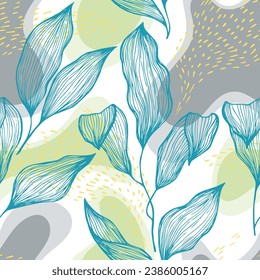 Hand drawn doodle line texture foliage over spots and dots vector seamless pattern. Trendy ornament with banana tree leaves. Botanical tree branch foliage fabric print. Floral graphics.