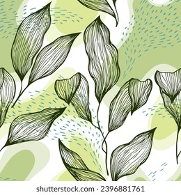 Follaje de textura de línea de doodle dibujado a mano sobre manchas y puntos vectoriales sin fisuras. Delicado ornamento con hojas de árbol exóticas. Impresión textil de ramas de árboles verdes. Bonita impresión floral.