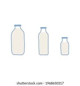Hand drawn doodle line vector illustration set of milk, kefir in different glass bottles. Isolated on blue background