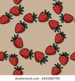 Dibujado a mano doodle lineal colorido Vector fresa frutas guirnaldas primavera verano estacional sin patrón de repetición inconsútil aislado sobre fondo beige 