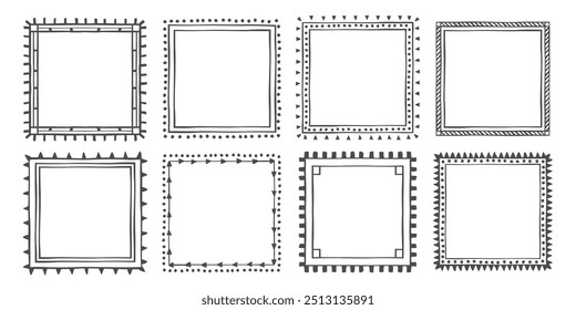 Desenhado à mão doodle quadros decorativos lineares.Quadros étnicos de formas geométricas.Boho, elementos escandinavos.Conjunto vetorial isolado 