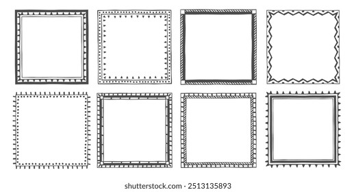 Desenhado à mão rabiscar quadros lineares.Quadros étnicos de formas geométricas.Boho, elementos escandinavos.Vetor isolado conjunto