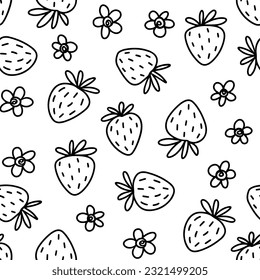 Hand drawn doodle linear monochrome vector messy strawberry flowers and fruits spring summer seasonal seamless repeat pattern isolated on white background 