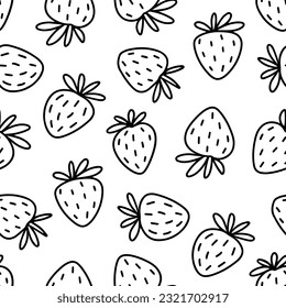 Hand drawn doodle linear monochrome vector messy strawberry fruits spring summer seasonal seamless repeat pattern isolated on white background 