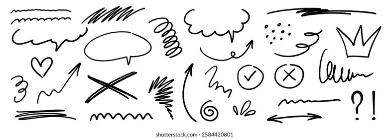 Hand drawn doodle lines, emphasis, arrow, speech bubble. Vector illustration of pencil shapes, marker brush stroke, underline. Scrapbook collage design elements.