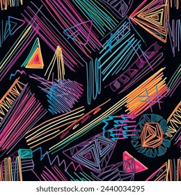 Hand drawn doodle lines, hatches, stripes, zigzag and geometric shapes illuminated neon colors abstract trendy seamless pattern. Striped and hatched modern dirty vector background. Endless texture.
