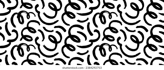 Hand drawn doodle lines seamless banner design. Brush drawn chaotic squiggles with loops, swirled thick lines. Creative abstract style art background for children or celebration Memphis style design.