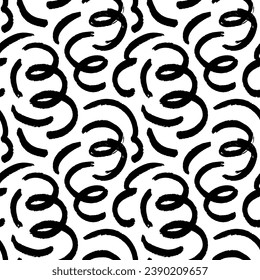 Hand drawn doodle lines seamless pattern. Brush drawn chaotic squiggles with loops, swirled thick lines. Creative abstract style art background for children or celebration Memphis style design.