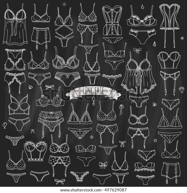 Hand Drawn Doodle Lingerie Icon Set Fashion Feminine Vector Illustration Sexy Lacy Woman 