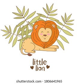 Hand drawn doodle lion character with green leaves and small text.