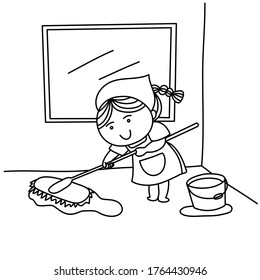 Hand drawn doodle little girl is mopping the floor. Coloring book.