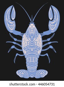 Hand drawn doodle lobster. Astrological sign cancer. Pastel colored with black background.