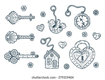 Hand drawn doodle lock, trinkets and keys - Vector Vintage set