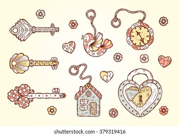 Hand drawn doodle lock, trinkets and keys - Vector Vintage set