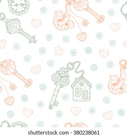 Hand drawn doodle lock, trinkets and keys - Vector Vintage Seamless pattern