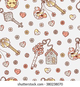 Hand drawn doodle lock, trinkets and keys - Vector Vintage Seamless pattern