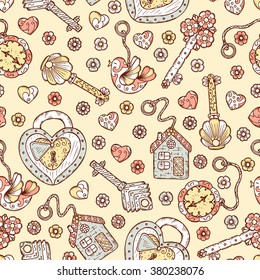 Hand Drawn Doodle Lock, Trinkets And Keys - Vector Vintage Seamless Pattern