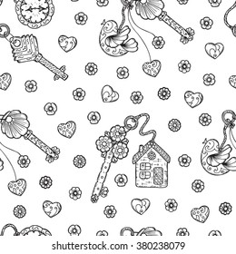 Hand drawn doodle lock, trinkets and keys - Vector Vintage Seamless pattern