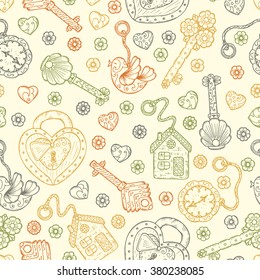 Hand drawn doodle lock, trinkets and keys - Vector Vintage Seamless pattern