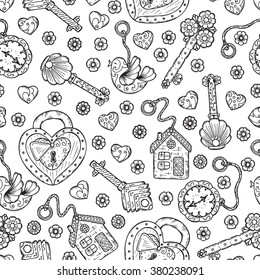 Hand drawn doodle lock, trinkets and keys - Vector Vintage Seamless pattern. Black and white