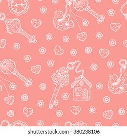 Hand drawn doodle lock, trinkets and keys - Vector Vintage Seamless pattern