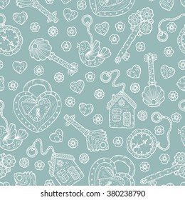 Hand drawn doodle lock, trinkets and keys - Vector Vintage Seamless pattern