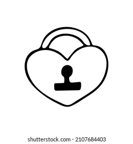 Hand drawn doodle lock. Vector cute heart lock. Outline. Valentine's day clipart. Love.