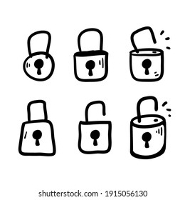 hand drawn doodle locked and unlocked padlock illustration icon isolated