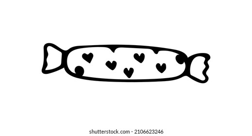 Hand drawn doodle long candy in a wrapper with a hearts. Vector sweet clipart.	