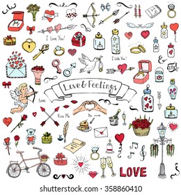 Hand drawn doodle Love and Feelings collection Vector illustration Sketchy Love icons Big set of icons for Valentine's day, Mothers day, wedding, love and romantic events Hearts hands cupid bouquet